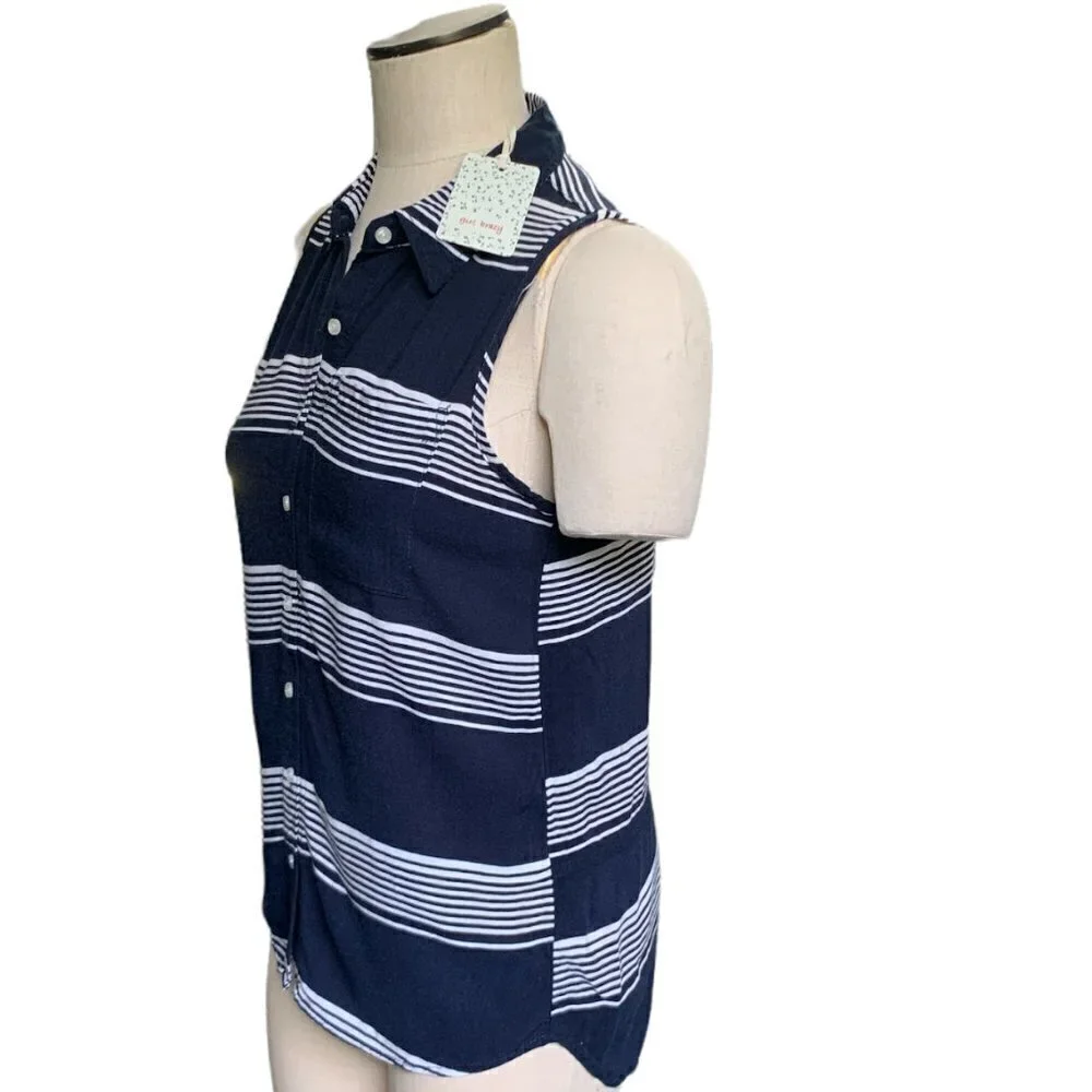 Girl Krazy‎ Sleeveless Boyfriend Button-Front Striped Shirt S Navy #19E